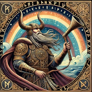 Könnte beinhalten: Eine digitale Illustration eines Wikingerkriegers mit langem weißem Bart, der einen gehörnten Helm und eine Rüstung trägt und ein goldenes Horn hält. Der Hintergrund zeigt einen Regenbogen und einen Sternenhimmel.