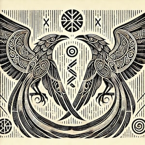 Wings of Wisdom: Framed Hugin & Munin Norse Woodcut Art Print