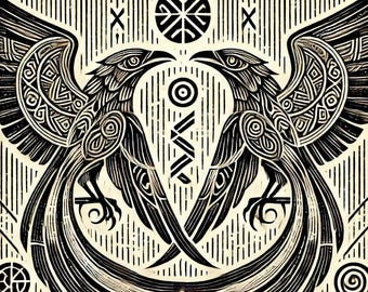 Wings of Wisdom: Framed Hugin & Munin Norse Woodcut Art Print