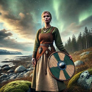 May include: A woman dressed in a brown and green Viking-style costume holds a round wooden shield with a green and white design. She stands in front of a rocky shoreline with a green and blue sky in the background.