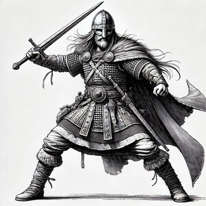Nordic Valor: Woodcut-Style Viking Warrior Framed Art Print