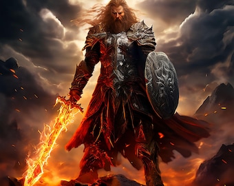 Tyr Norse God of War Poster – Framed Viking Warrior Wall Art, Flame Sword Mythology Print, Norse Battle Decor for Bold Interiors