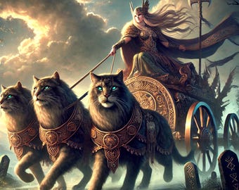Freya’s Chariot - Goddess of Love and War with Her Mystical Cats - Framed Poster