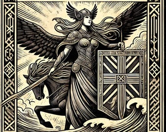 Valkyrie Woodcut Framed Poster – Norse Mythology Wall Art