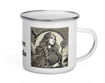 Freya Enamel Mug – Freya the Seer of Souls – Norse Goddess of Love & War – Viking Mythology Coffee Cup