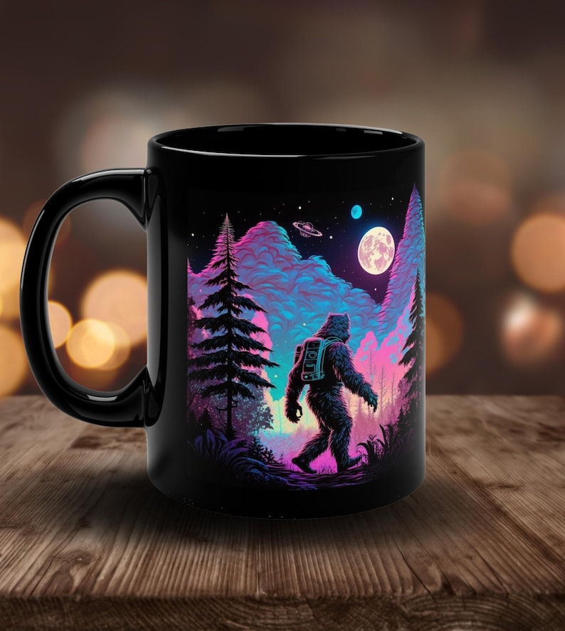 11 oz Dark Forest Cosmic Sasquatch Mug, Bigfoot Camping Gift, Sasquatch Coffee Mug, Bigfoot Camping Gift, Bigfoot Mugs, Full Moon Bigfoot image 1