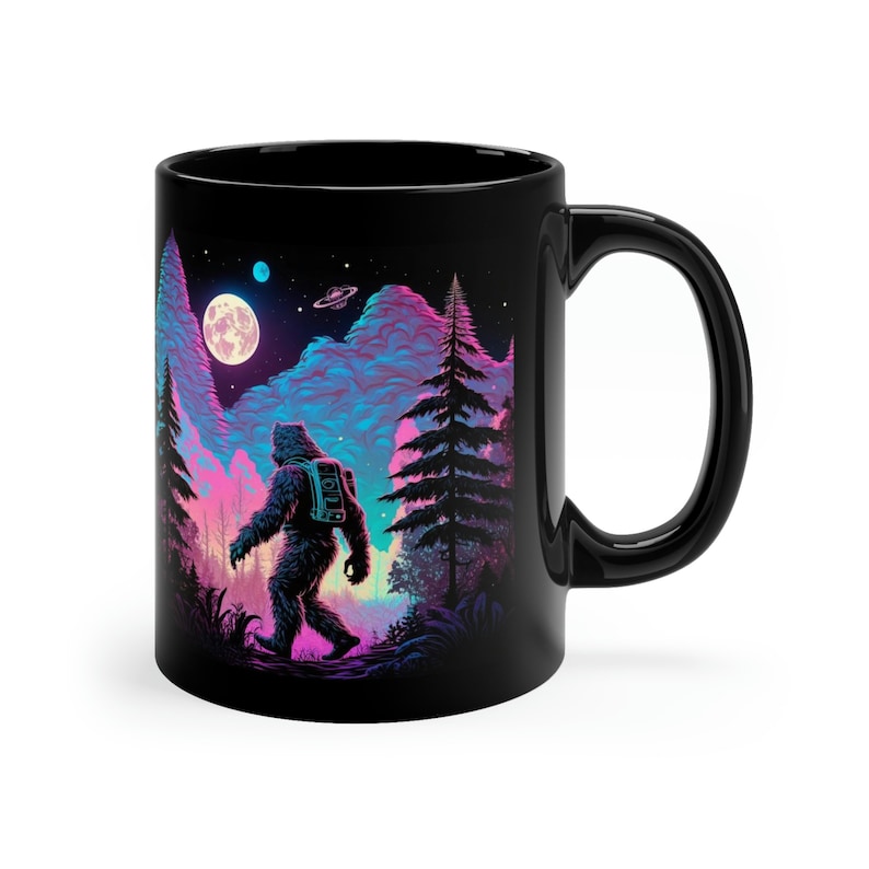 11 oz Dark Forest Cosmic Sasquatch Mug, Bigfoot Camping Gift, Sasquatch Coffee Mug, Bigfoot Camping Gift, Bigfoot Mugs, Full Moon Bigfoot image 4