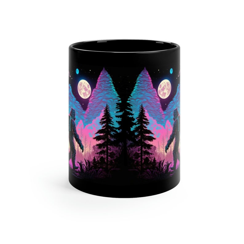 11 oz Dark Forest Cosmic Sasquatch Mug, Bigfoot Camping Gift, Sasquatch Coffee Mug, Bigfoot Camping Gift, Bigfoot Mugs, Full Moon Bigfoot image 3