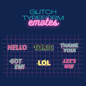 Può includere: Una griglia di nove emoticon di testo colorati con un effetto glitch. Gli emoticon sono "HELLO", "TOXIC", "THANK YOU!", "GOT EM!", "LOL", "LET'S GO!". Il testo è in uno stile retrò degli anni '80 con bordi pixelati.