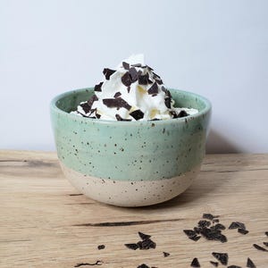 Peut inclure: Un bol en céramique tacheté de vert clair et de blanc rempli de crème fouettée surmontée de copeaux de chocolat. Le bol est posé sur une surface en bois brun clair.