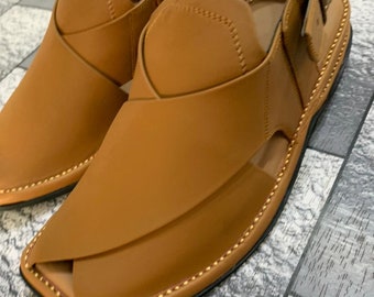 Handmade Leather Peshawri Chappal: Black/Mustard Brown Eid Sandal
