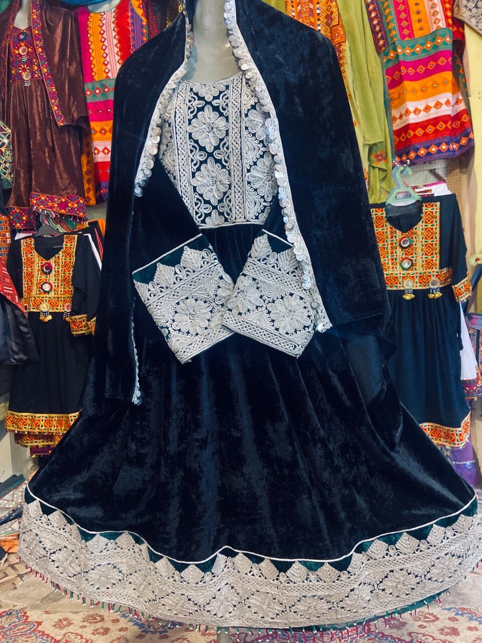 Afghan Black Velvet Dress: Hand Embroidered Charmadozi Kuchi Outfit