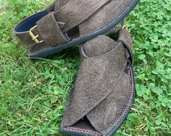 Handmade Suede Leather Peshawri Sandals: Adjustable Strap, Tyre Sole