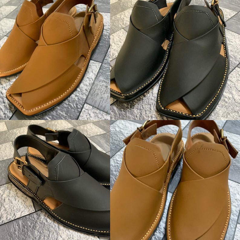 May include: Four pairs of leather sandals with a unique design. Two pairs are brown and two pairs are black. The sandals have a pointed toe and a strap that goes around the ankle.