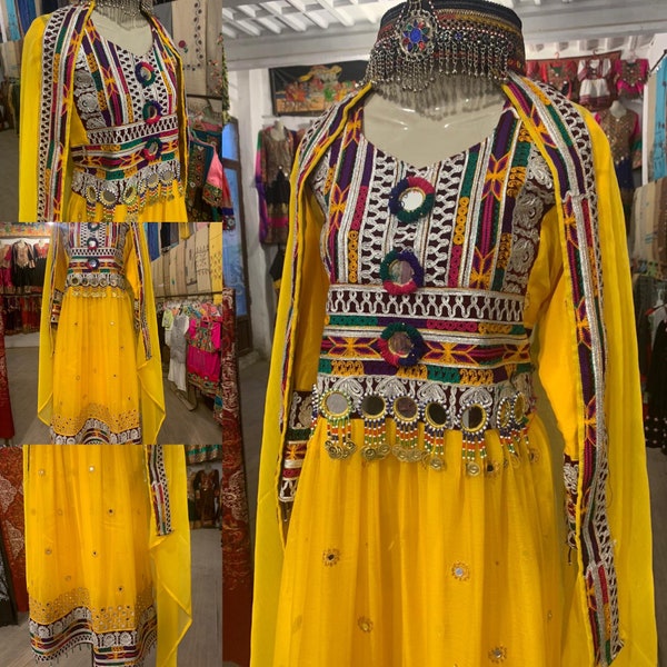 Afghaanse handgemaakte geborduurde jurk, Afghaanse handgemaakte geborduurde kuchi japon, Gand Afghaanse feestjurk, Cadeau voor haar, Gele kuchi jurk