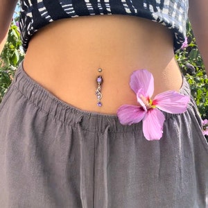 Belly button piercing 925 silver/ beach vibe/ surgical steel/ purple and pink tendrils