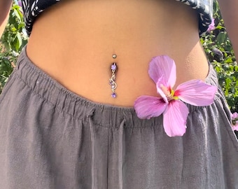 Piercing ombligo plata 925/ ambiente playero/ acero quirúrgico/ zarcillos morados y rosas