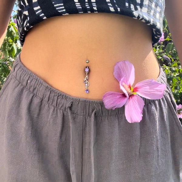 Piercing ombligo plata 925/ ambiente playero/ acero quirúrgico/ zarcillos morados y rosas