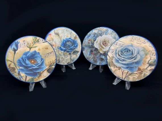 木製ブルーローズコースター4枚セット - Etsy 日本