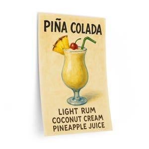 Cocktail Poster Wall Decals, Pina Colada Recipe Art, Bar Decor, Kitchen Decal, Tropical Drink Sign