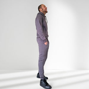 Mens Grey Biker Slim Fit Ribbed Casual Tracksuit Set - Fashionable gift for Men