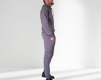 Mens Grey Biker Slim Fit Ribbed Casual Tracksuit Set - Fashionable gift for Men