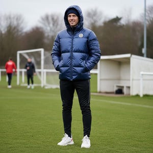 以下が含まれることがあります： フード付きのネイビーブルーのパファージャケット、黒いトラックスーツパンツと白いスニーカーを着用。 ジャケットの胸には円形のエンブレムが付いています。 人は緑のサッカー場に立っており、背景にはゴールがあります。