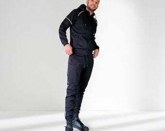 Chándal ajustado para hombre, negro o azul marino, con capucha y cremallera con forro reflectante blanco