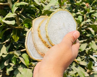 White Agate Coasters With Gold electroplating Edge Bulk Set Natural Crystal Geode Coasters Handmade for Gifts and Home Decor and table ware