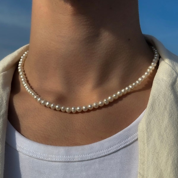 Chaîne de perles d'eau douce pour homme - Chaîne de vraies perles - Collier de perles pour homme - Taille de perle de 5-6 mm - Longueur réglable de 45 + 5 cm - Chaîne d'été pour homme