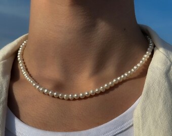 Chaîne de perles d'eau douce pour homme - Chaîne de vraies perles - Collier de perles pour homme - Taille de perle de 5-6 mm - Longueur réglable de 45 + 5 cm - Chaîne d'été pour homme