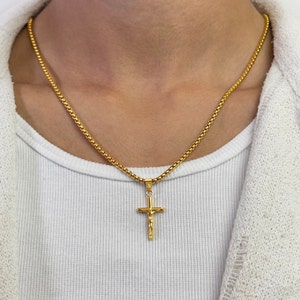 Jesus Cross Chain Gold - Box Chain Heren - Jesus Cross-hanger - Crucifix Ketting Goud - Bevestigingskruis - Cadeau-idee mannen