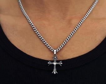 Opium Silver Cross Necklace Pendant, Y2K Cross Chain Men, Shiny