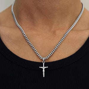 Jesus Cross Necklace Men - Silver Cuban Chain - Jesus Pendant - Crucifix Jewelry - Religious Jewelry - Waterproof & Non Fading - Gift Idea