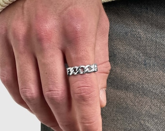 Bague maillon cubaine en argent - Bague streetwear pour homme - Bague en argent pour homme - Taille 7-11 - Bijoux street style en argent - Idée cadeau homme - Pièce tendance