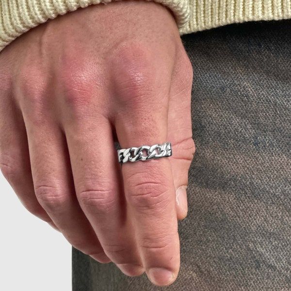 Bague maillon cubaine en argent - Bague streetwear pour homme - Bague en argent pour homme - Taille 7-11 - Bijoux street style en argent - Idée cadeau homme - Pièce tendance