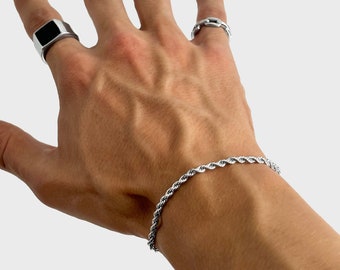 Men's 3mm Twisted Rope Bracelet - Silver Jewelry - Streetwear Bracelet - Vintage Flair - Stainless Steel Bracelet - Ideal Gift for Men