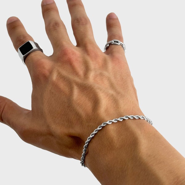 Pulsera de cuerda retorcida de 3 mm para hombre - Joyería de plata - Pulsera de ropa de calle - Estilo vintage - Pulsera de acero inoxidable - Regalo ideal para hombres