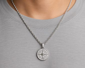 Compass Chain Silver - 3mm Rope Necklace - North Star Pendant - Silver Chain Men - Streetwear Jewelry - Waterproof & Non Fading - Gift Idea