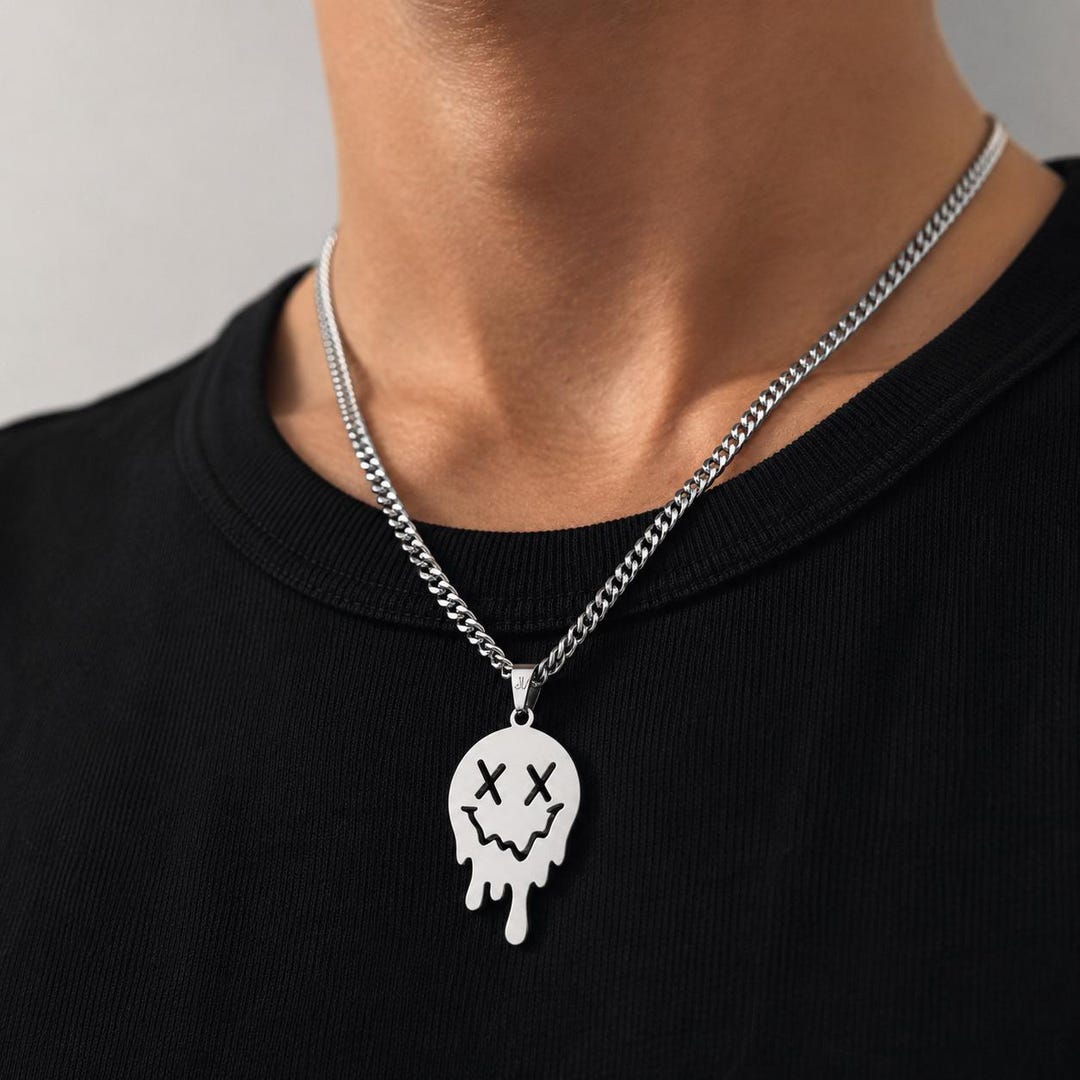 Simley With Chain Melting Smiley Chain - Drippy Smiley Pendant - Silver Chain Men ...
