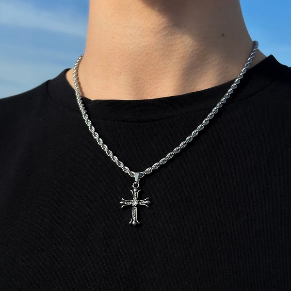 Shiny Cross Chain Silver Men - 4mm Rope Chain - Y2K Jewelry Men - Streetwear Necklace Silver - Iced Out Cross Chain - Crucifix Pendant