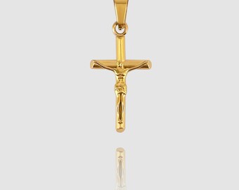 Jesus Cross Pendant 18K Gold, Faithful Crucifix Charm, Communion Cross Medallion, Confirmation Cross, Christian Cross, Religious Jewelry