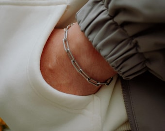 Bracelet trombone pour homme - Bracelet à maillons en argent - Bracelet pour lui - Bijoux streetwear - Imperméable et résistant à la décoloration - Idée cadeau