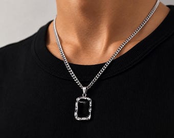 Onyx Necklace Men - 4mm Cuban Silver Chain - Onyx Pendant - Chain with Pendant - Streetwear Jewelry - Waterproof & Non Fading - Gift idea