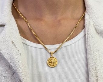 Cadena de brújula 18K oro hombres - cadena de caja de 2,5 mm - collar de estrella del norte oro - colgante de brújula - cadena de oro hombres - medallón de brújula - idea de regalo