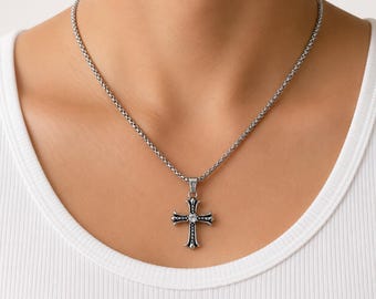 Y2K Cross Chain Silver - Box Chain - Shiny Cross Necklace - Iced
