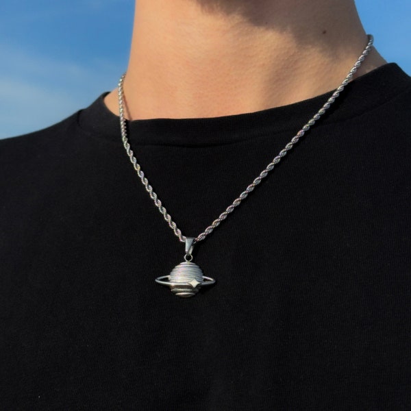 Chaîne planète argent homme - Collier corde 3 mm - Chaîne Saturne - Pendentif planète - Collier planète homme - Bijoux streetwear - Cadeau pour homme