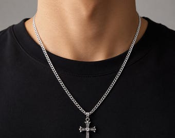 Opium Silver Cross Necklace Pendant, Y2K Cross Chain Men, Shiny
