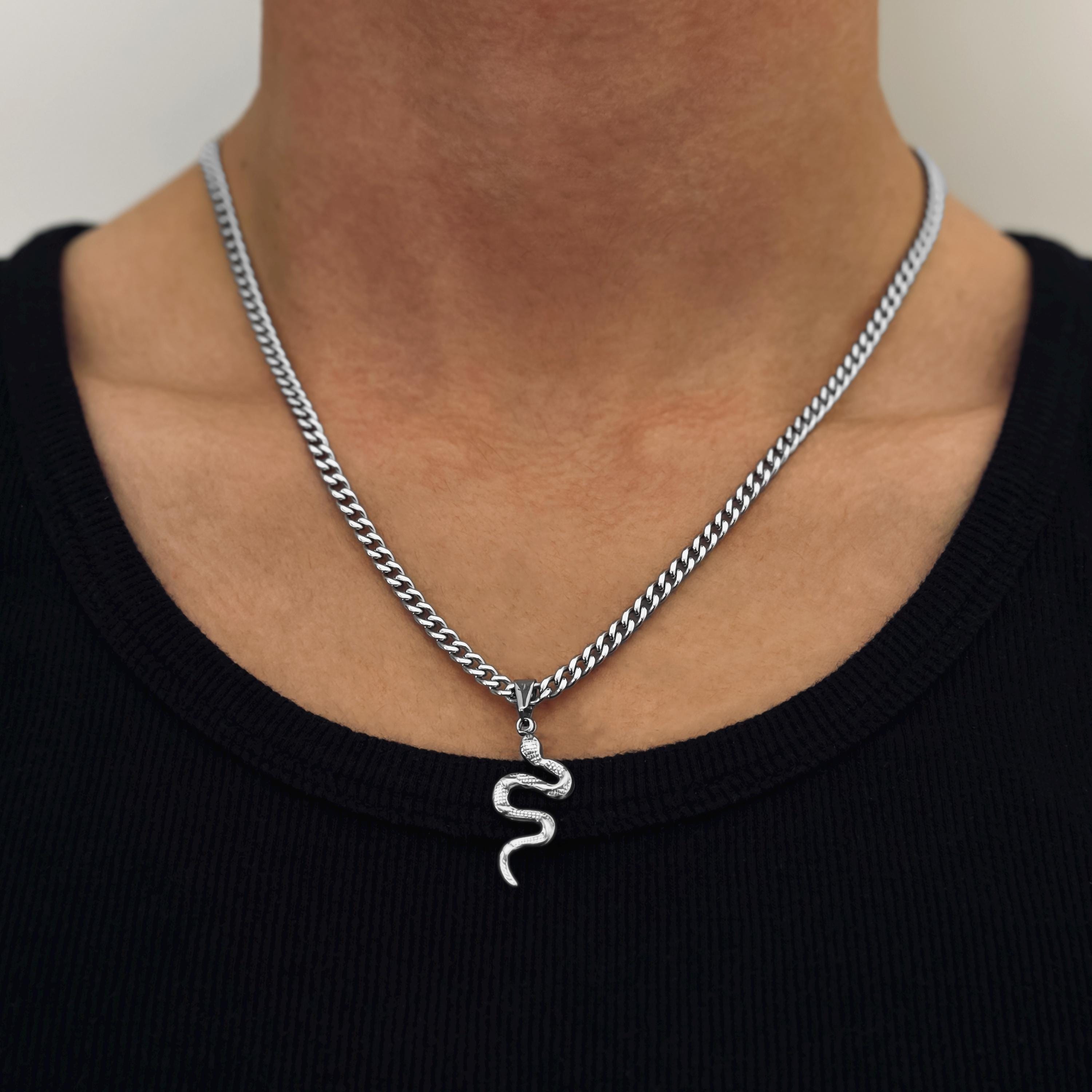 Snake Chain Men - 4mm Cuban Link Chain - Viper Necklace Silver - Snake Pendant - Streetwear Jewelry Men - Waterproof & Non Fading