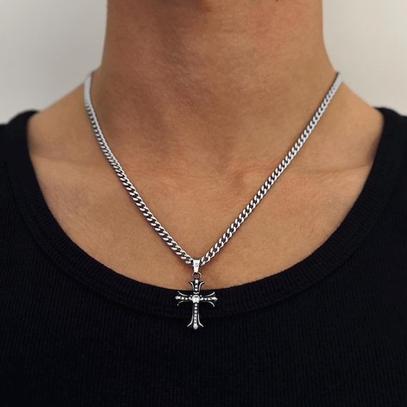 Y2K Cross Chain - 4mm Cuban Link Chain - Shiny Cr… - image 1